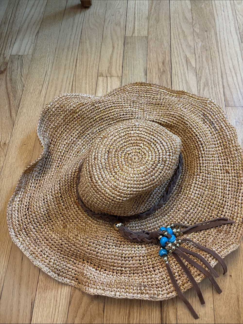 NEW Ale by Alessandra raffia beaded tassel hat wide brim